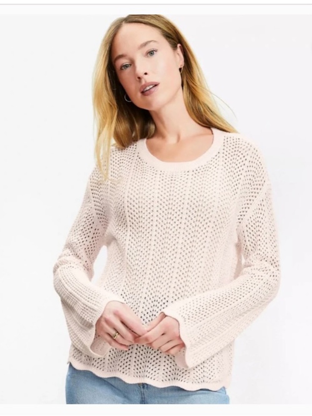 LOFT Light Pink Open-Knit Crewneck Sweater